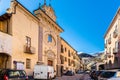 Susa, Italy. Februar 14th, 2021. View on Via del Palazzo di CittÃÂ  with the Church of San Carlo on the left